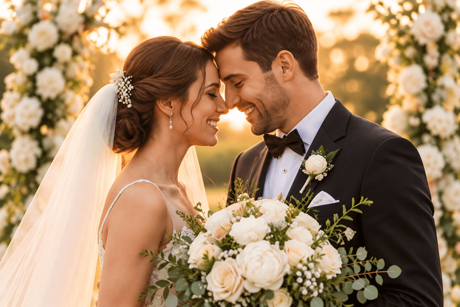 Gelin ve damat, çiçek kemerinin altında alınlarını birbirine değdiriyor